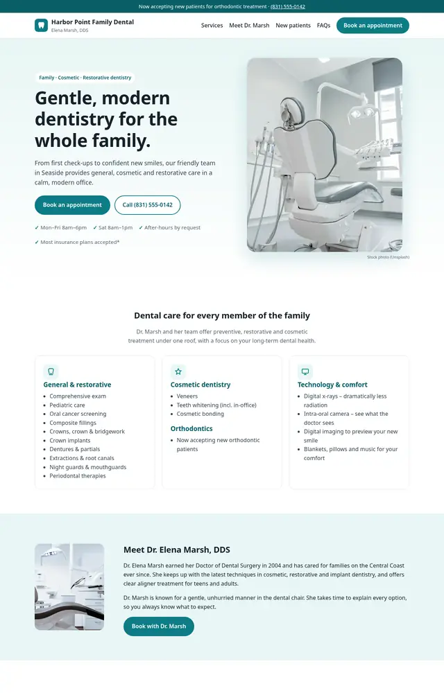 Concept homepage design for a family dental practice