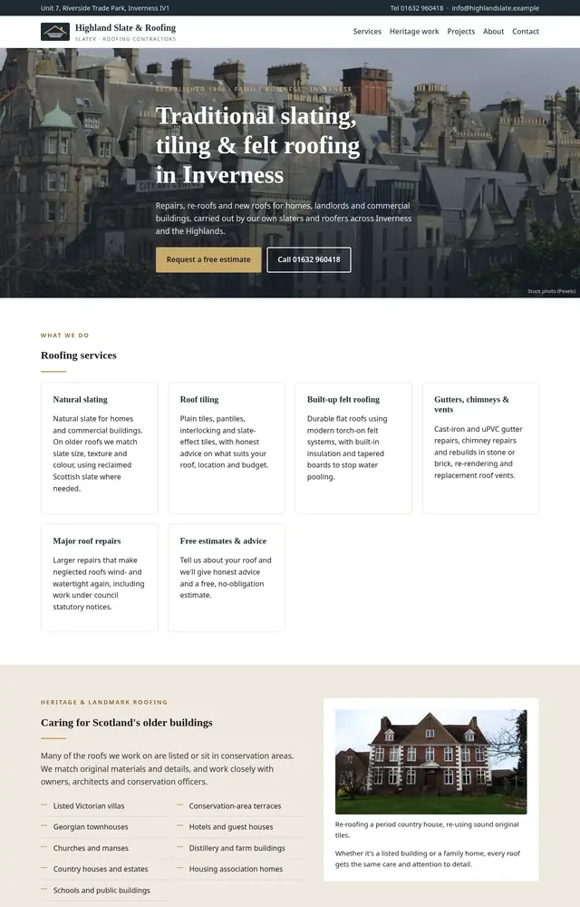 Concept homepage design for a roofing company, with a dark photographic hero and services grid